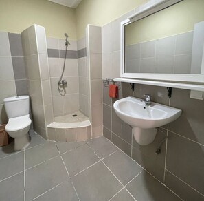 Baño con inodoro, ducha y lavamanos.