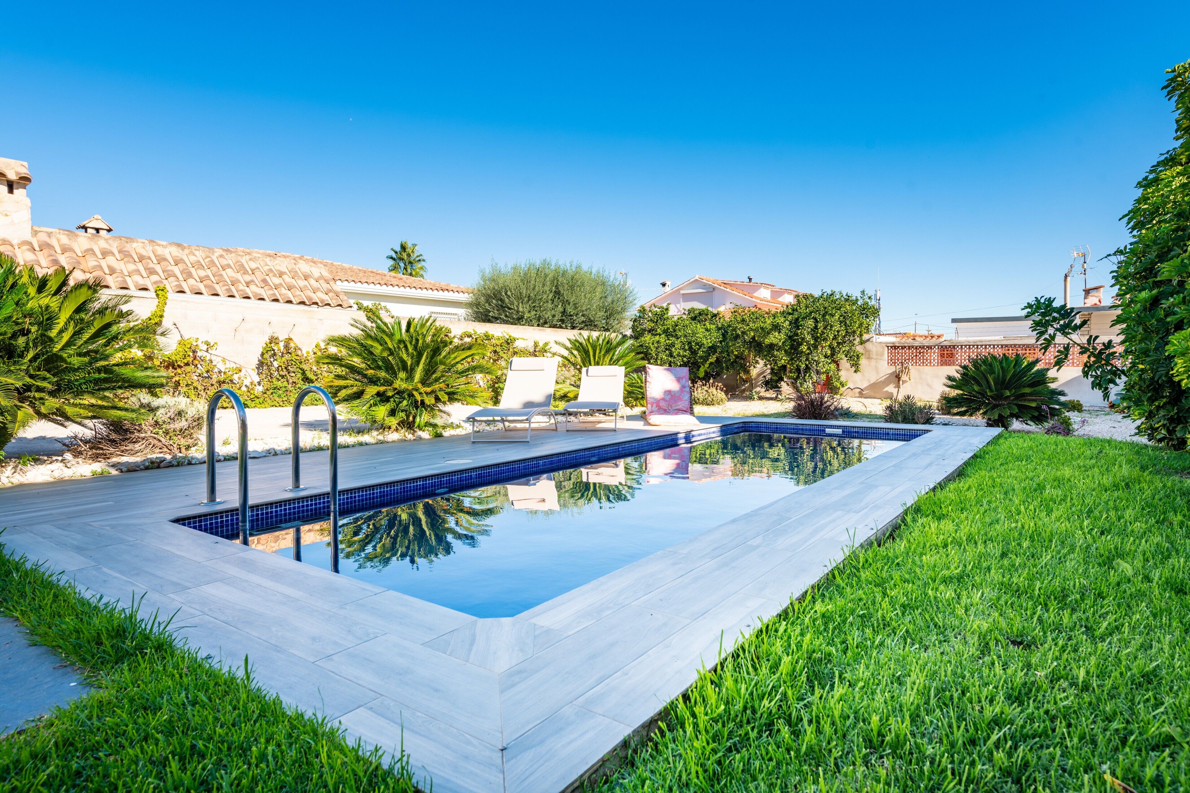 Une piscine dotée d’une terrasse carrelée, entourée de pelouse et de palmiers.