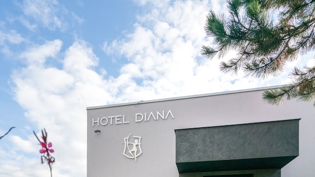 Entrada moderna de hotel con un camino despejado que lleva a las puertas, rodeada de exuberante vegetación y una fuente de agua.