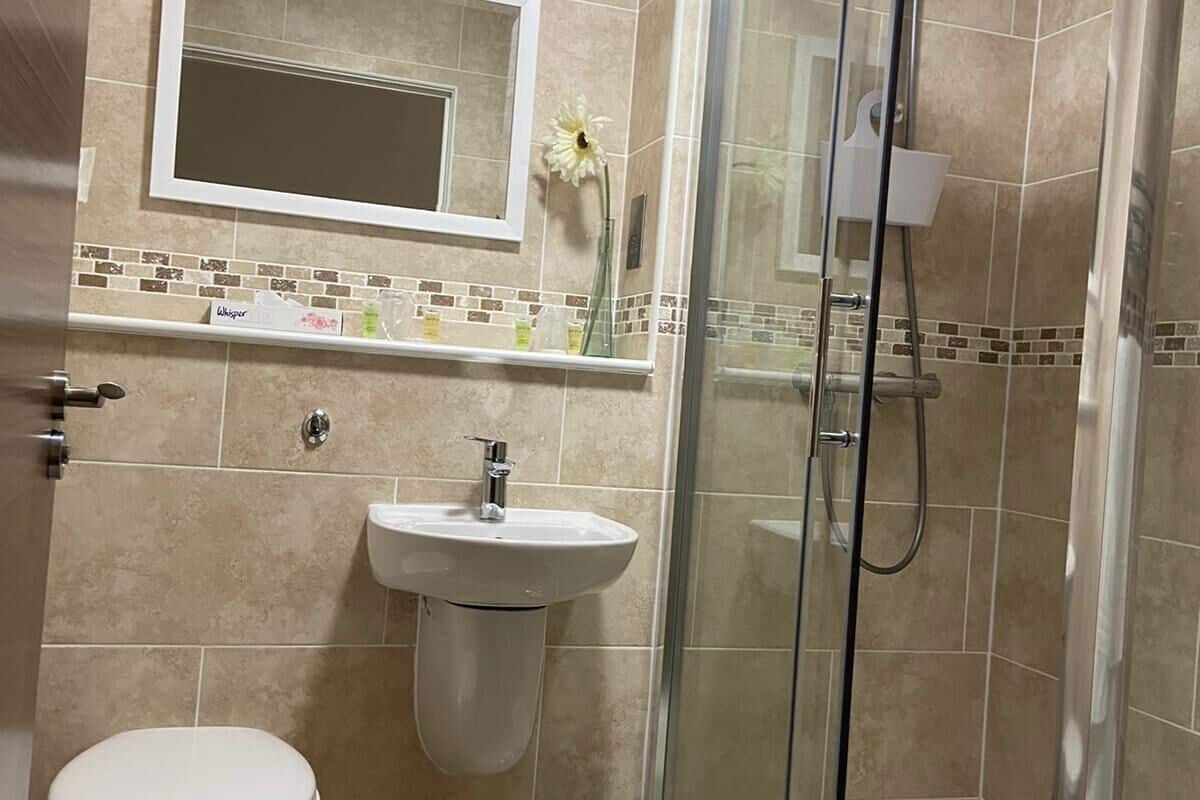 shower, slippers, towels