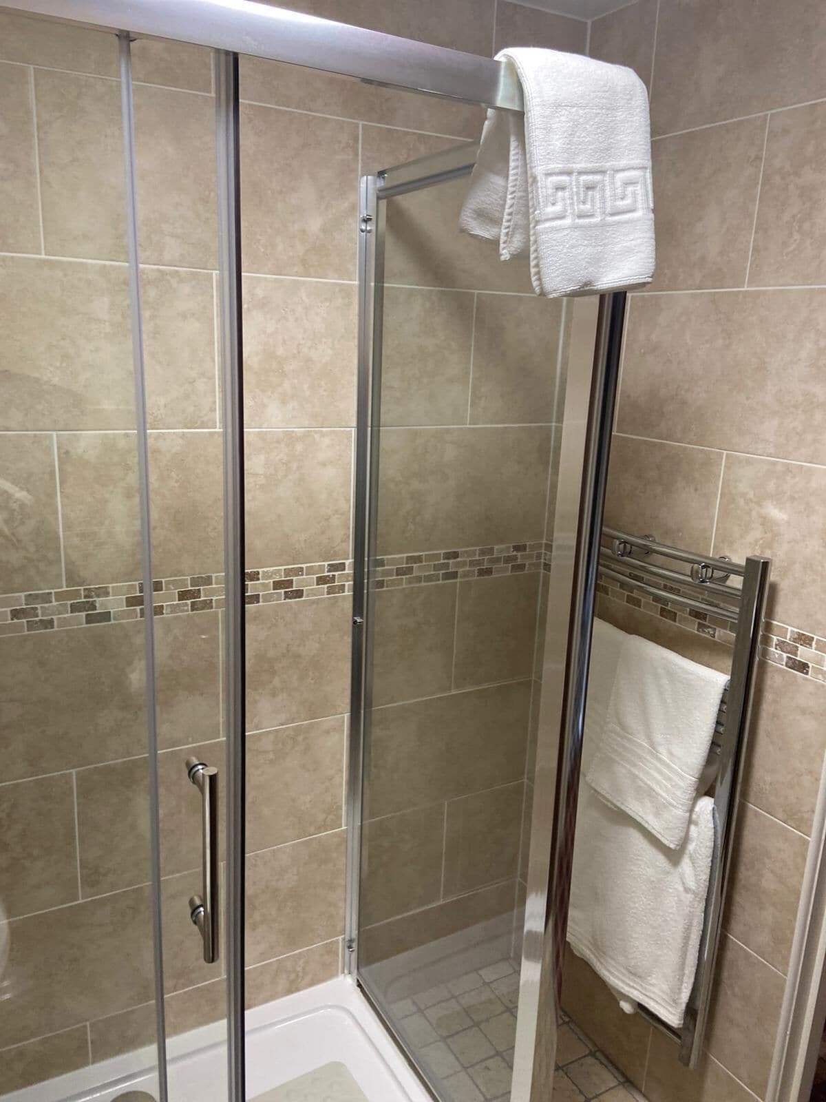 shower, slippers, towels