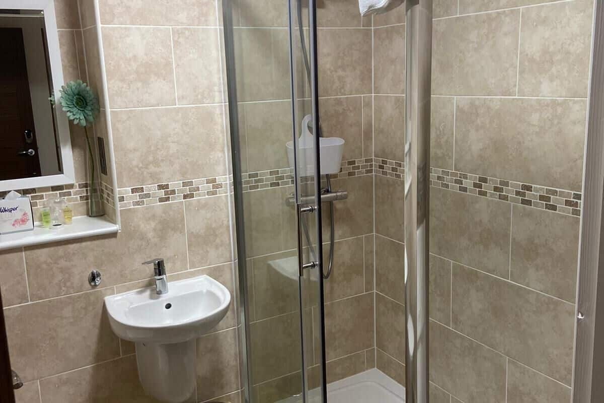 shower, slippers, towels