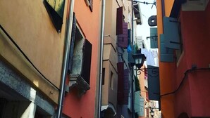 Eine schmale Straße mit Gebäuden an beiden Seiten, mit Balkonen und einem Kopfsteinpflasterweg.