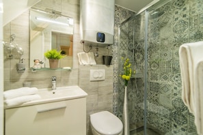 Douche, séchoir à cheveux, serviettes fournies