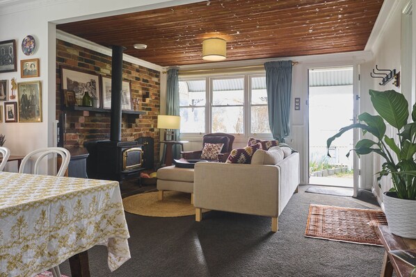 Smart TV, fireplace, books