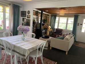 Smart TV, fireplace, books