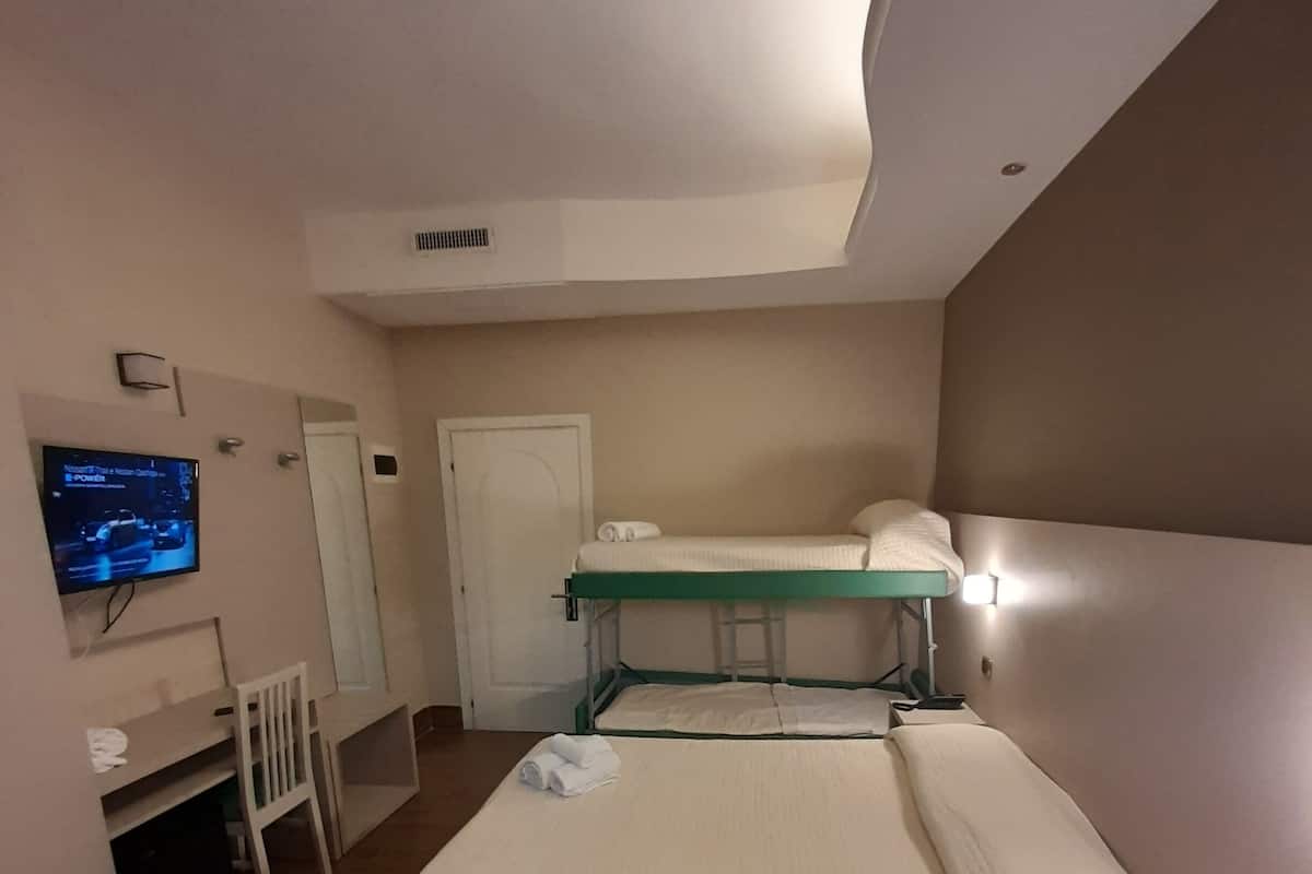 Ett hotellrum med en våningssäng, ett skrivbord med en stol, en tv och en dörr.