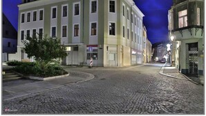 A building with a corner entrance, a cobblestone street, and a small tree in the foreground. - Stadthotel König Albert (Zittau)