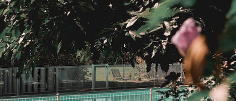 Sæsonbestemt udendørs pool, åben fra kl. 09.00 til kl. 19.00, parasoller