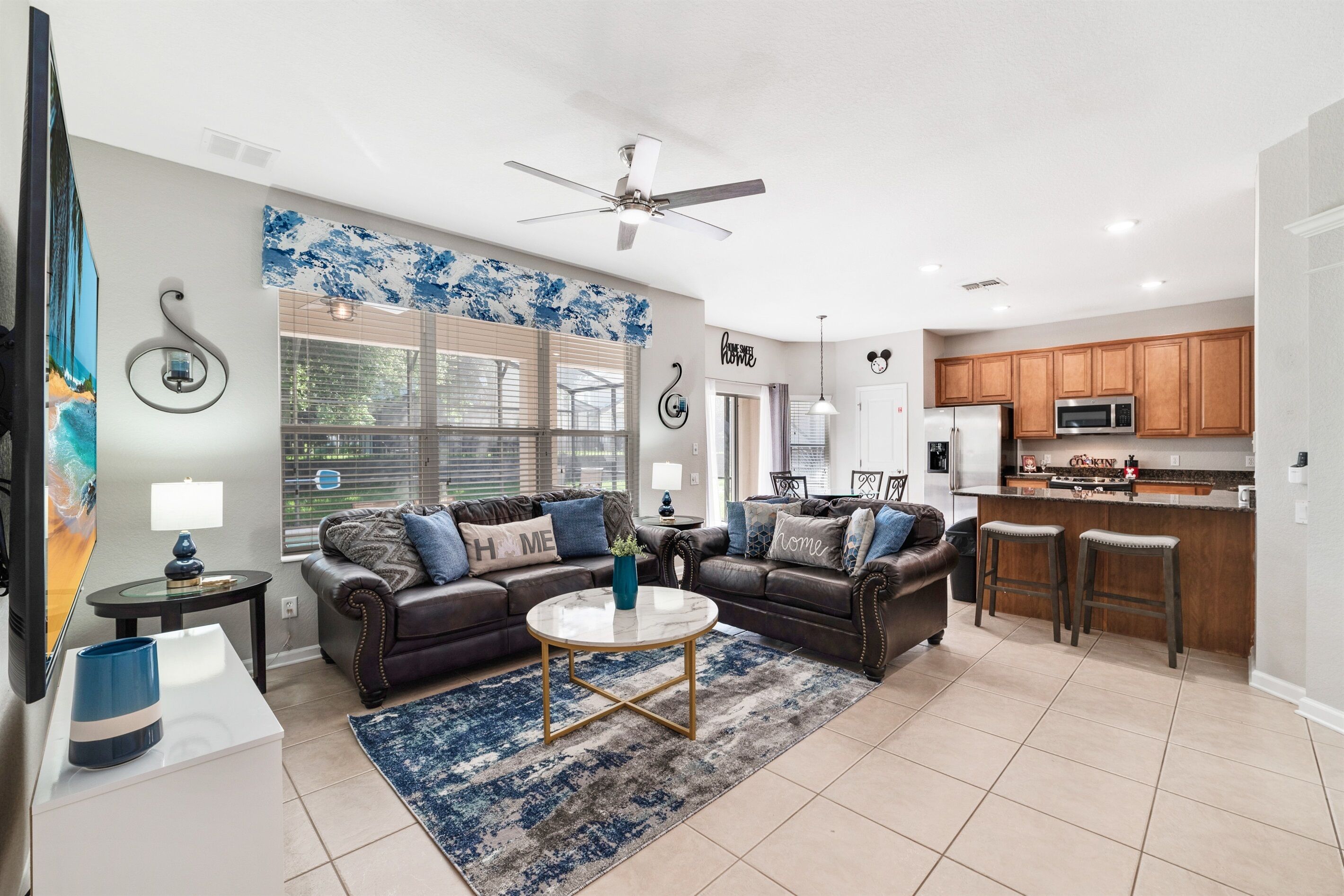 Smart TV, fireplace, video games, DVD player