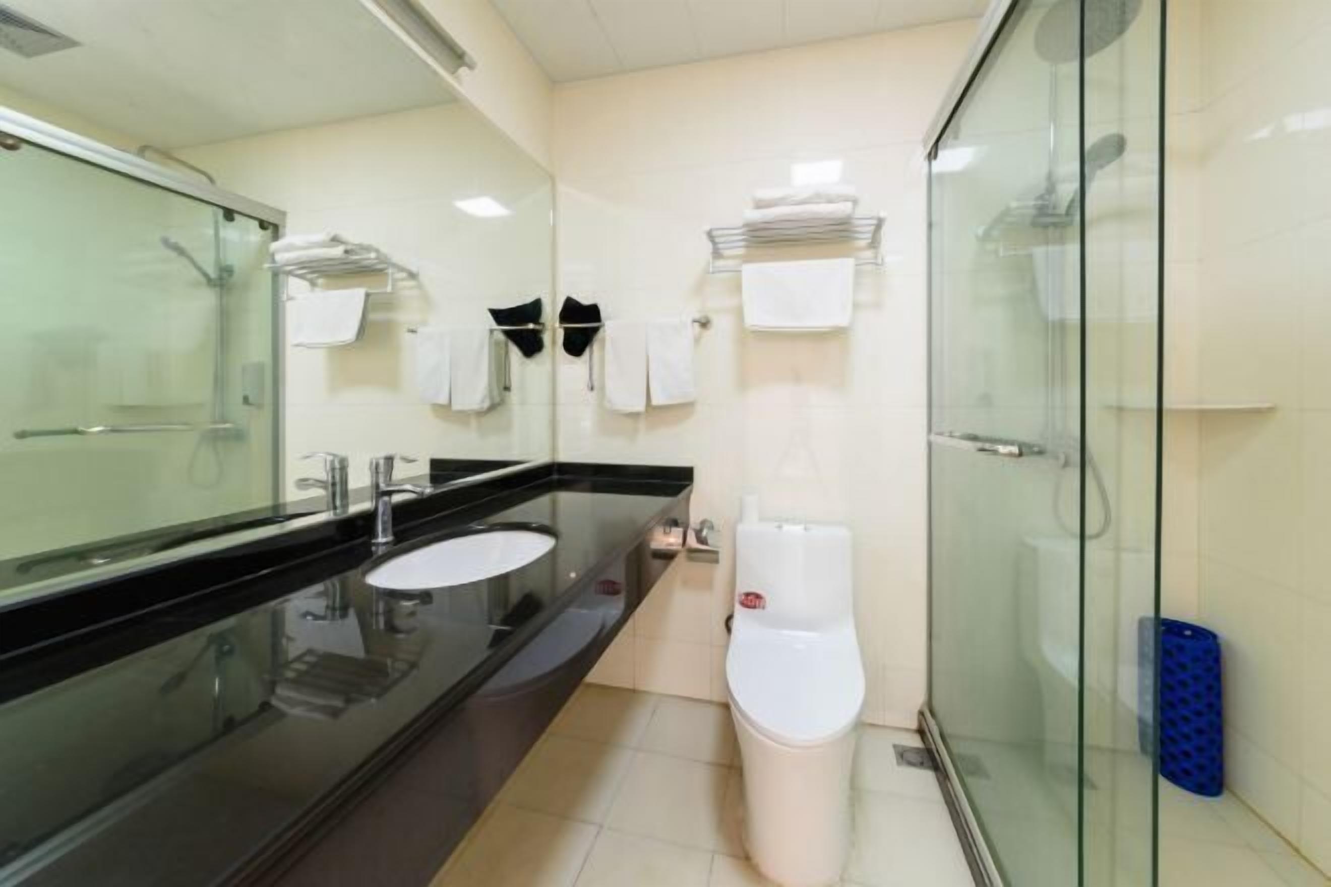Un baño moderno con cabina de ducha de vidrio, lavamanos con encimera negra y un inodoro blanco.