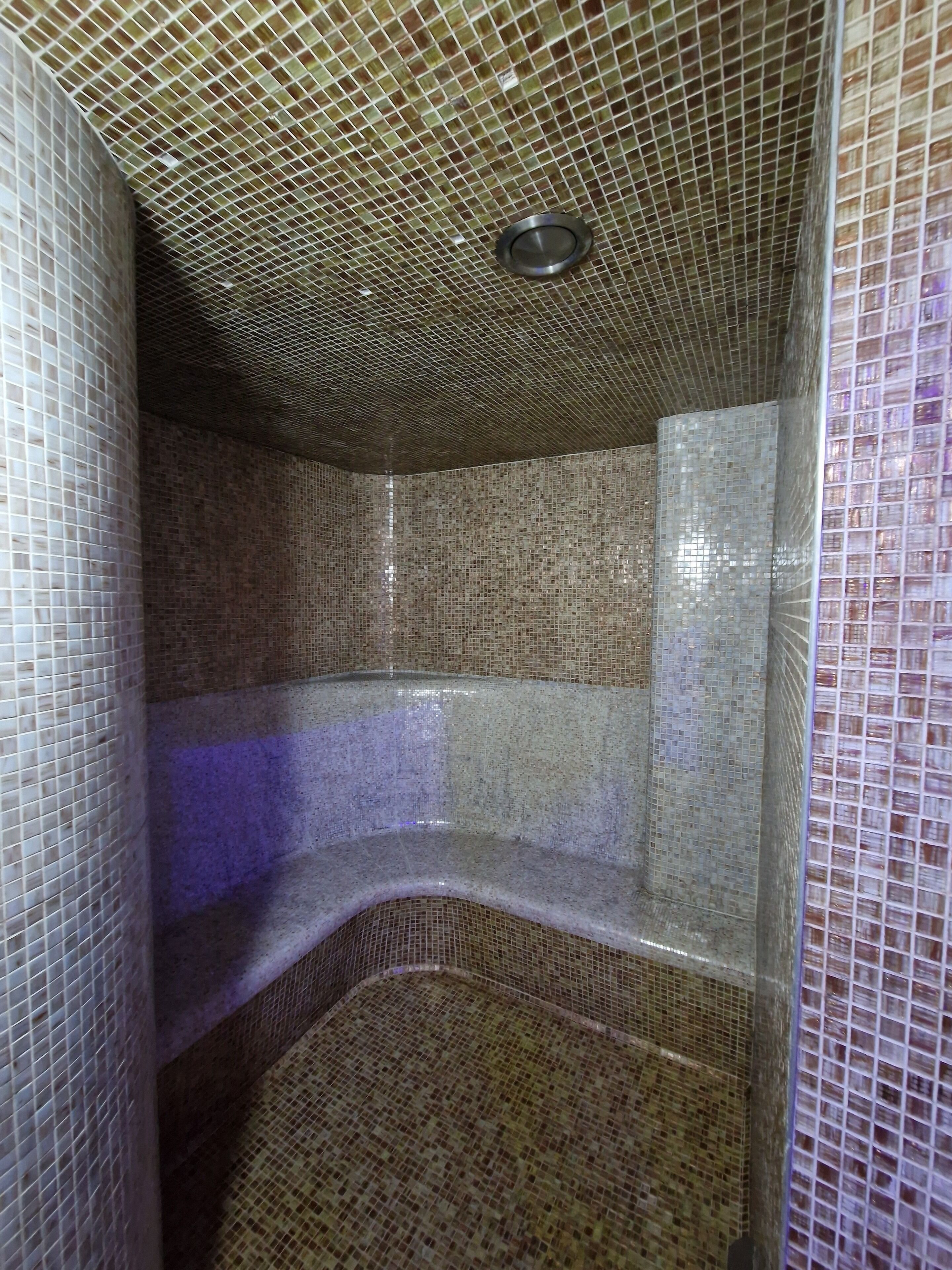 A tiled shower with a curved bench and a drain in the center.