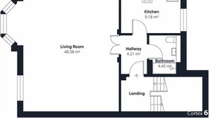 Grundriss eines Hotelzimmers mit Wohnbereich (48,38 m²), Küche (9,18 m²), Badezimmer (4,42 m²) und Flur (4,21 m²).