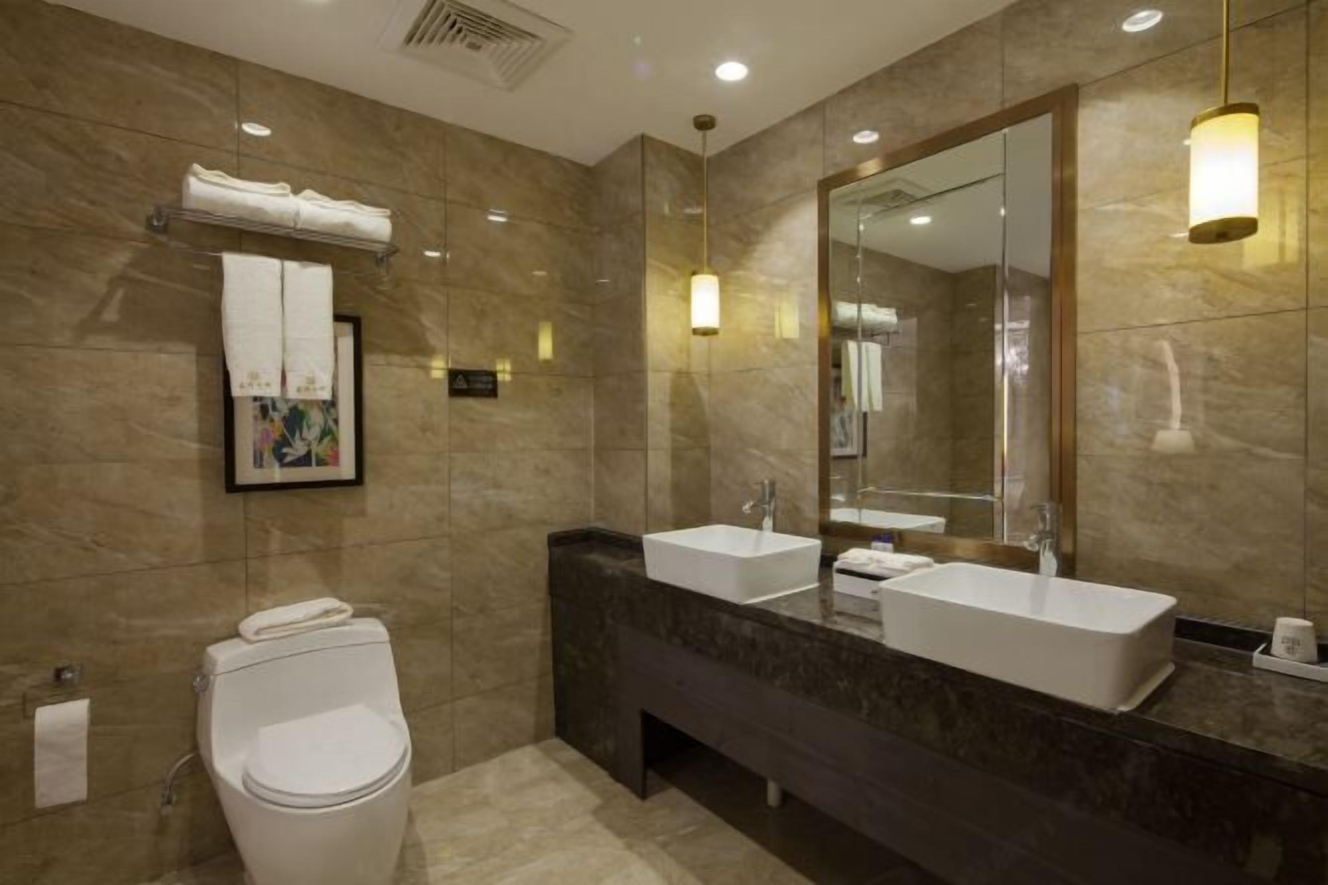 Ein modernes Badezimmer mit zwei Waschbecken, einem großen Spiegel und einer Toilette.
