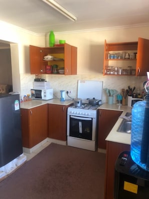 Cozinha compacta com armários de madeira, fogão, micro-ondas e geladeira.