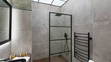 Shower, hair dryer, towels, shampoo