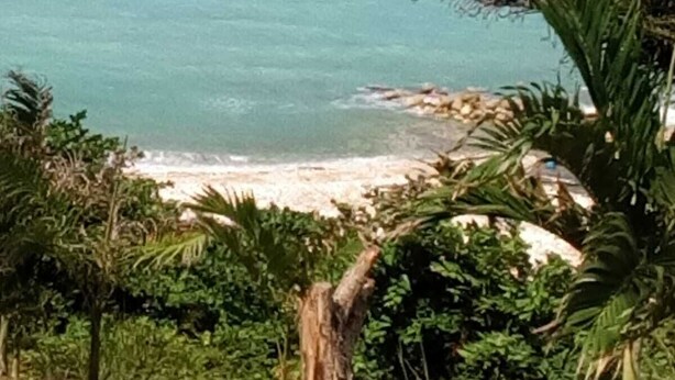 Vista costera con aguas turquesas cristalinas y una playa arenosa.