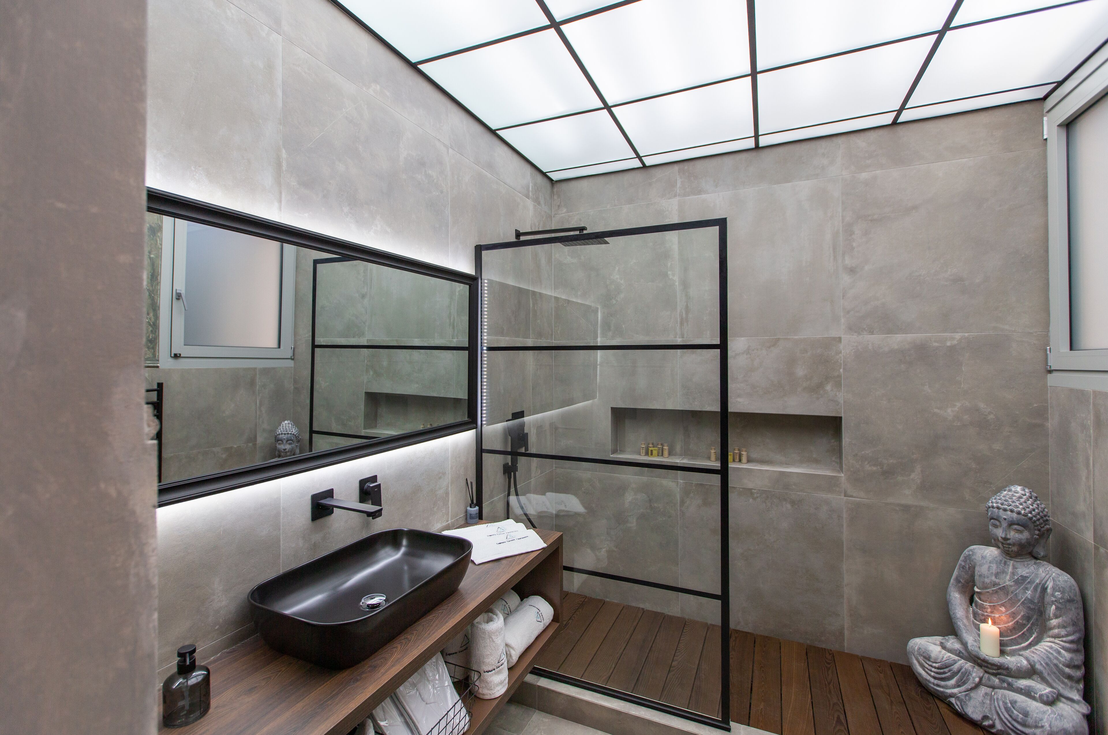 Shower, hair dryer, slippers, towels