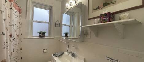A bathroom with a toilet, sink, and shower curtain. There is a mirror above the sink and a framed picture on the wall.