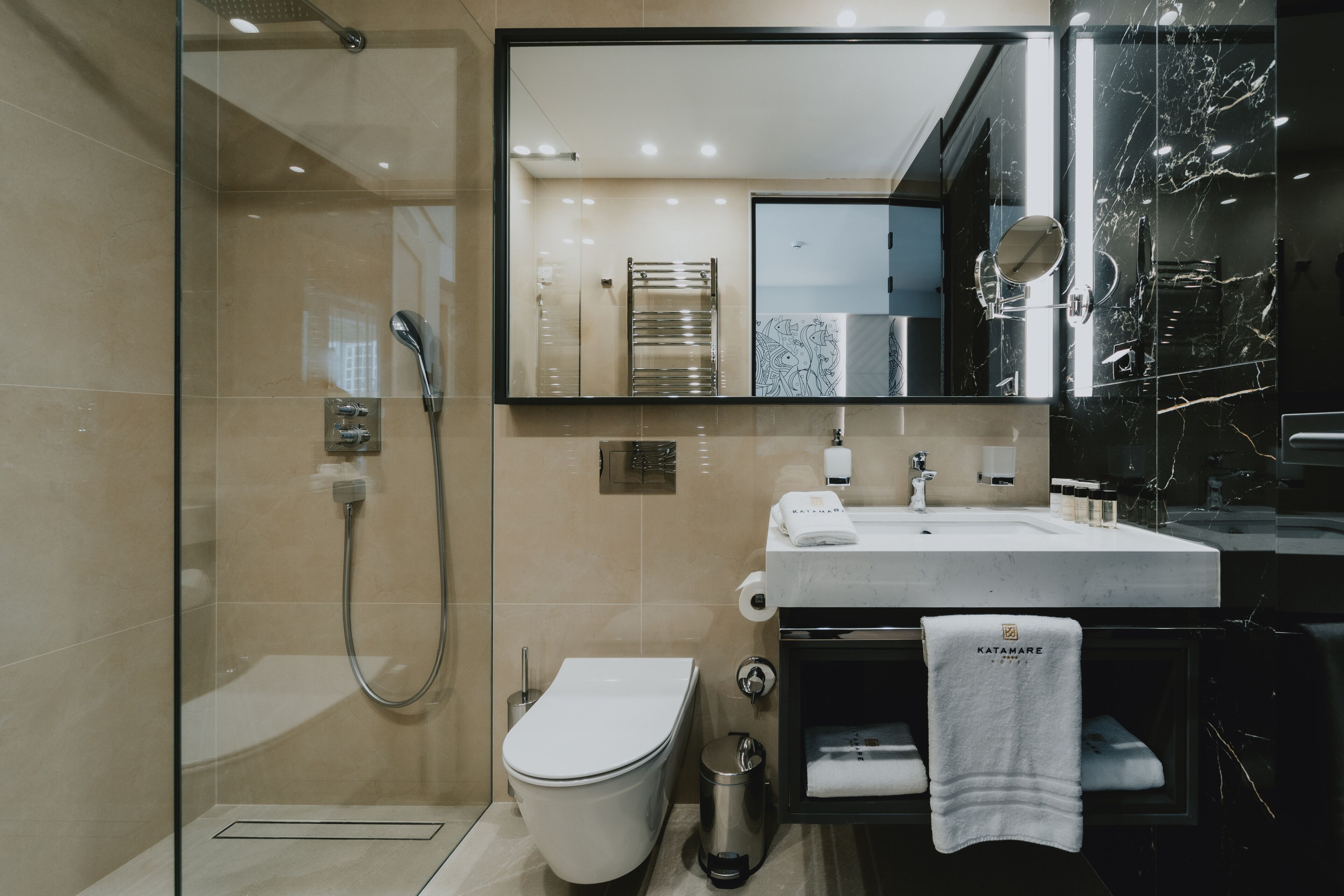 A modern bathroom with a glass-enclosed shower, a white toilet, a sink with a towel hanging, and a large mirror.