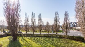 A well-maintained grassy area with trees and a road in the background.