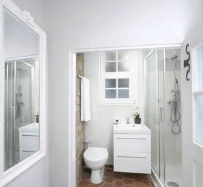 A compact bathroom with a toilet, a sink, and a shower. - Gorgeous studio  - Saint Germain des Pres (Paris)