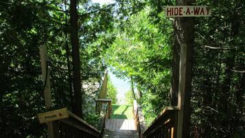 A wooden staircase leading up to a private area, surrounded by dense trees.
