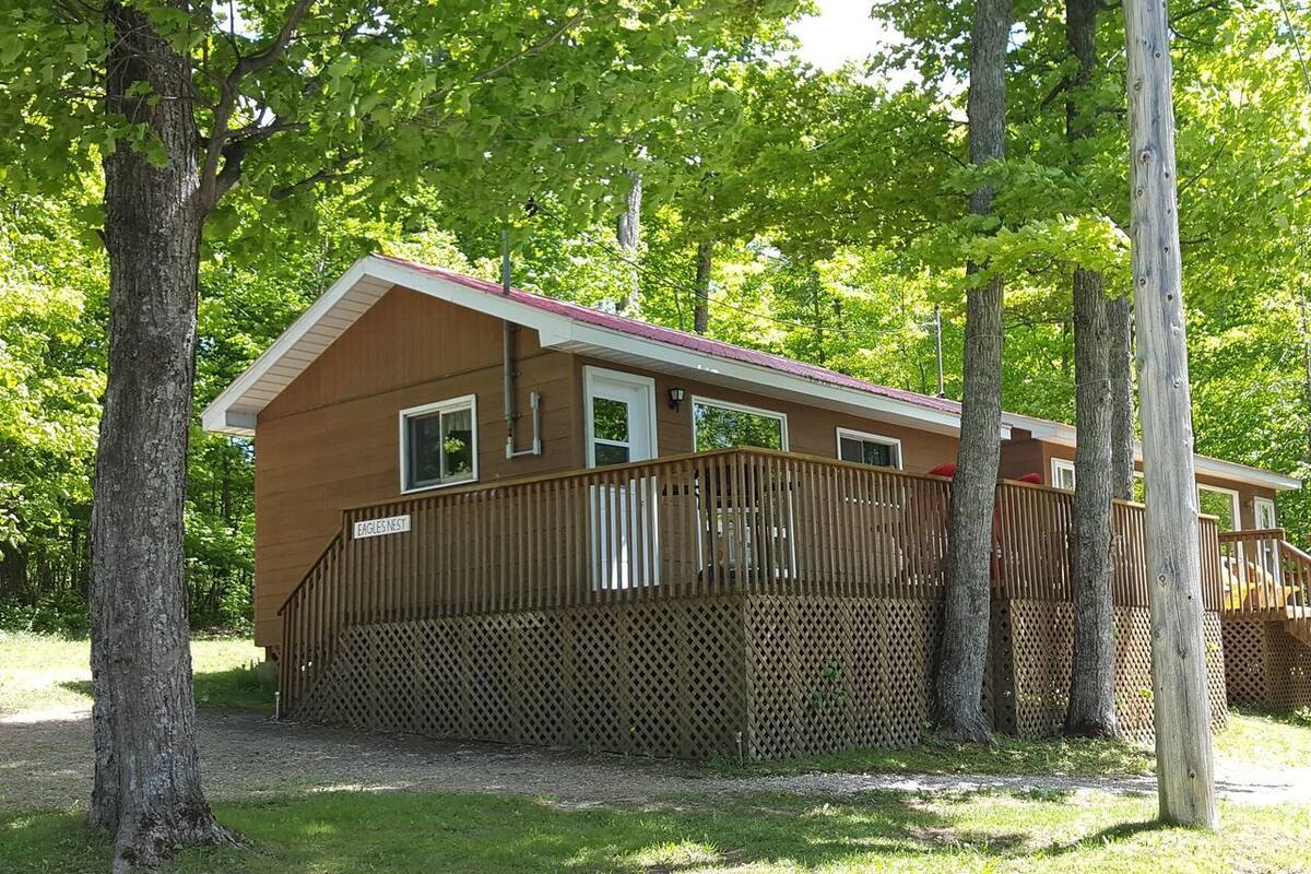 Une cabane dotée d’une terrasse en bois, entourée d’arbres.