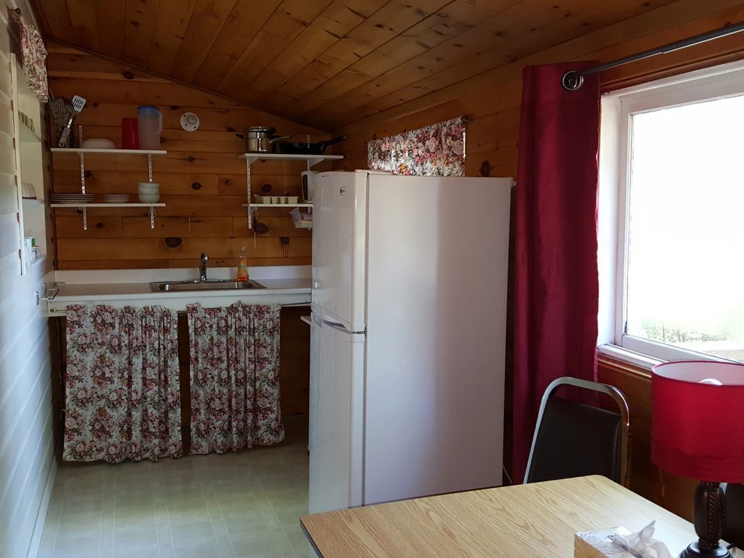 Una cocina compacta con paredes de madera, un refrigerador, un lavamanos y una ventana con cortina roja.