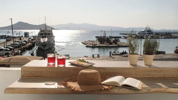 A terrace with two black chairs, a table with a book and two glasses, and potted plants.