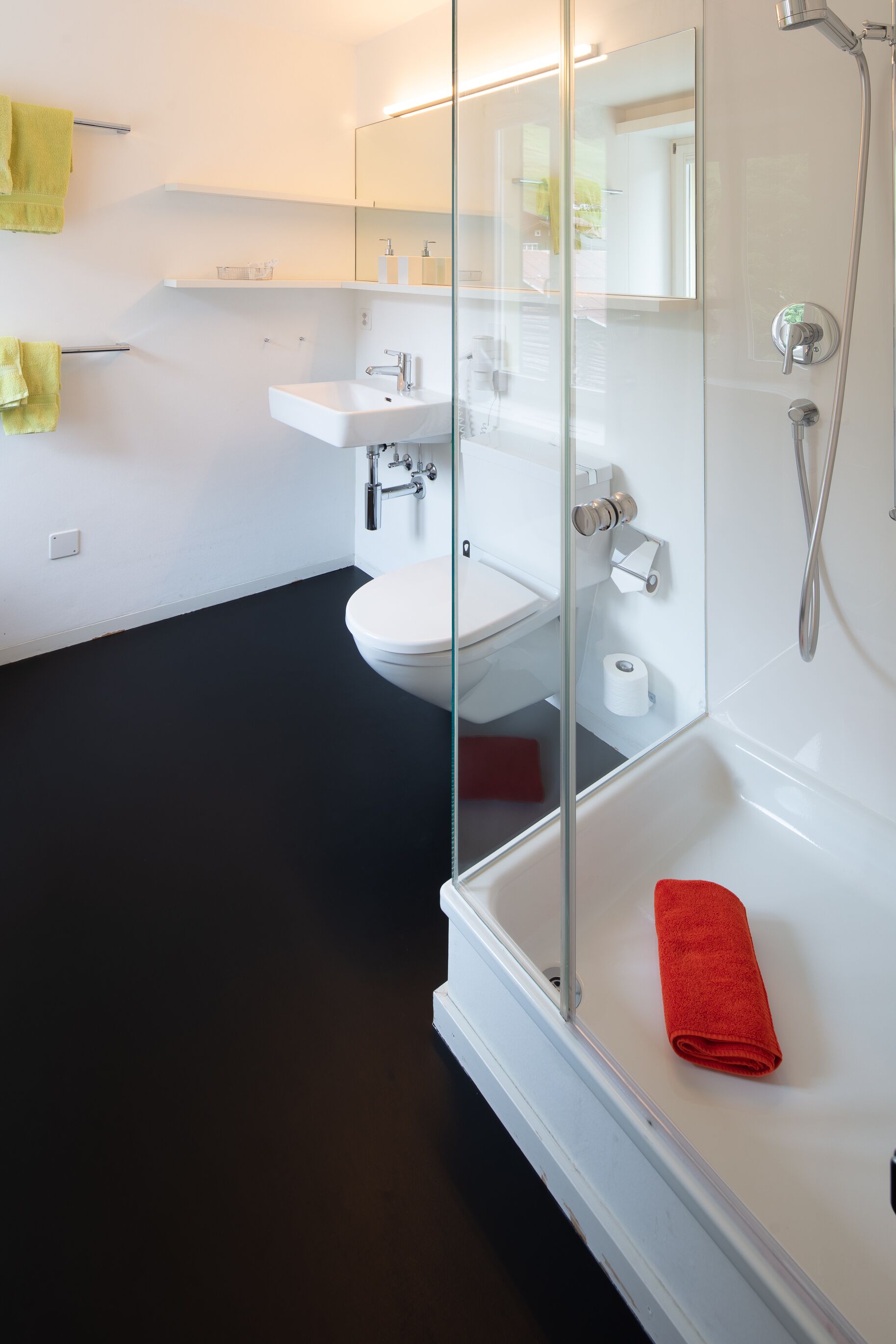 Un baño moderno con ducha de vidrio, lavamanos blanco y un inodoro.