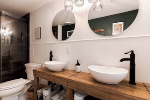 Combined shower/tub, hair dryer, towels