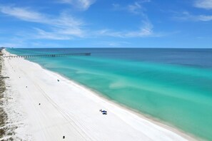 On the beach, sun loungers