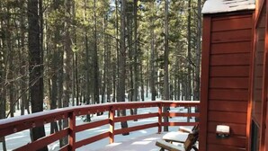 Un muelle de madera con baranda roja que da a un bosque nevado.