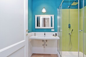 Shower, hair dryer, bidet, towels
