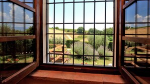 Habitación con un ventanal grande con diseño de cuadrícula, que ofrece vista a un jardín ajardinado y colinas distantes.