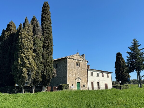 A stone building with a green door, surrounded by tall trees and a grassy field.