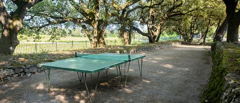Una mesa de ping-pong en un parque con árboles y un muro de piedra.