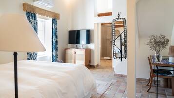 A bedroom with a bed, a television, a desk with a chair, and a shower area.