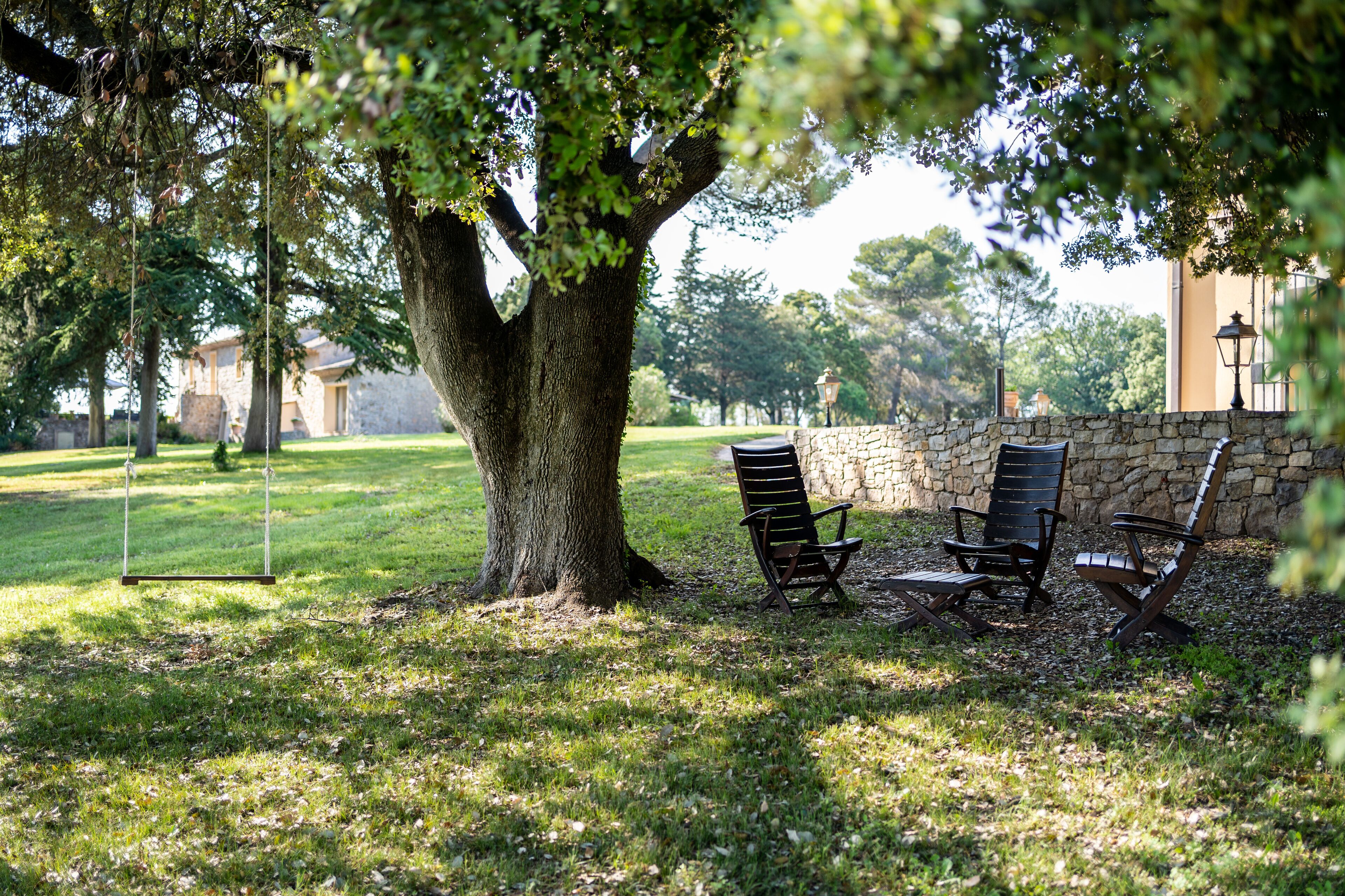 Un parc avec un grand arbre, une balançoire et trois chaises en bois.
