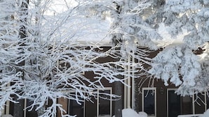 Un edificio rodeado de árboles cubiertos de nieve.