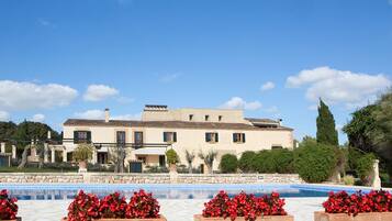 Outdoor pool, pool umbrellas, pool loungers