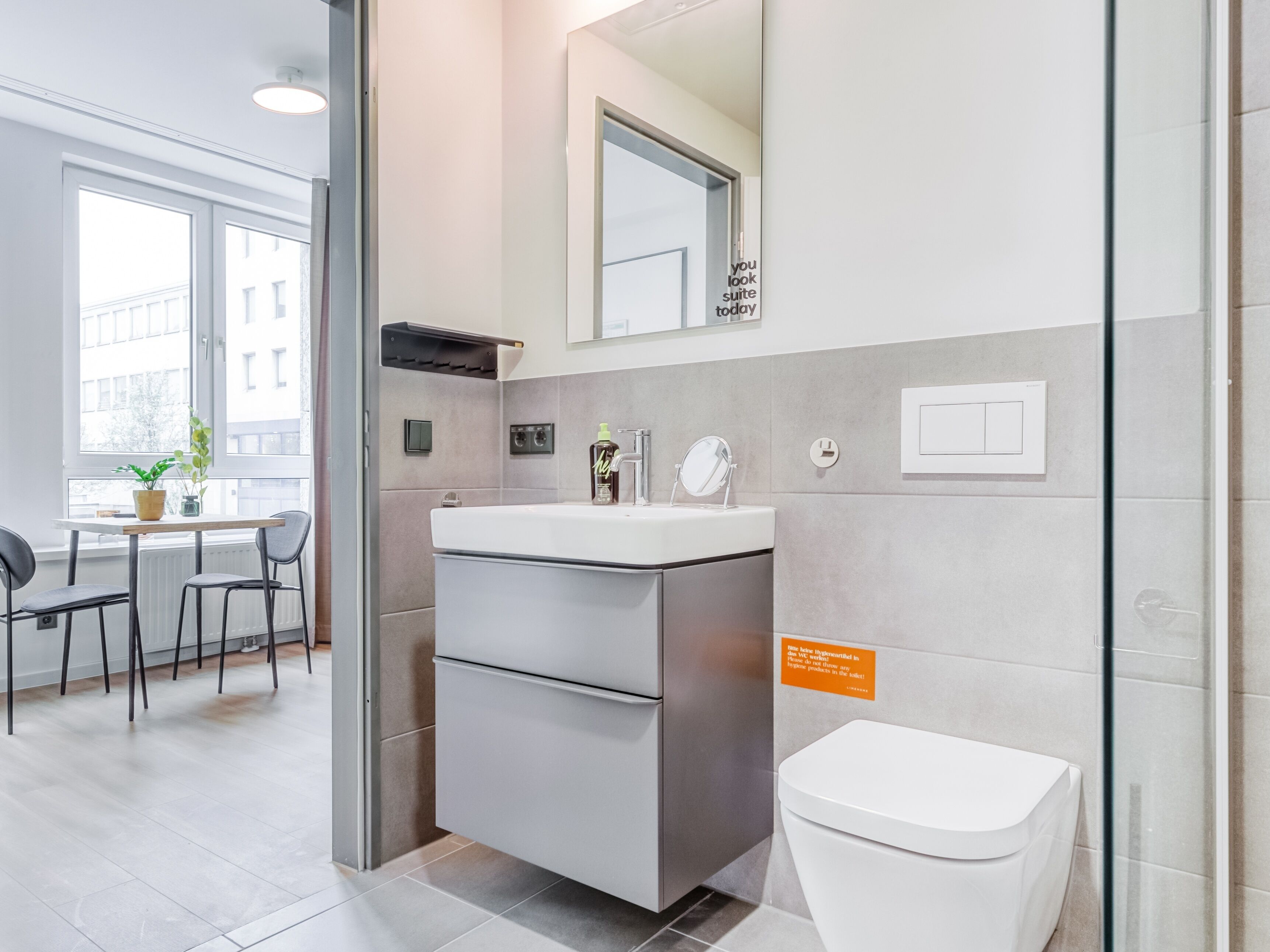 A modern bathroom with a toilet, sink, and mirror. There is a small table with chairs and a potted plant in the adjacent room.