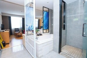 A modern hotel room with a large window, a separate bathroom, a dining area, and a living space. - Ceeci Hotel (Xichuan)