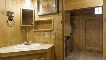 A wooden bathroom with a sink, mirror, and framed picture.
