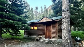A log cabin with a wooden door and window, surrounded by trees and a gravel path.