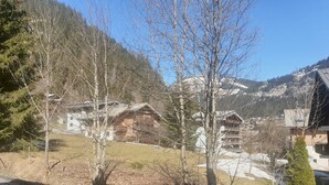 Vue d’une station de montagne avec des chalets en bois et un ciel dégagé.