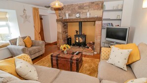 A cozy living room with a stone fireplace, a sofa set, a television, and a rustic wooden chest. - Twincote (Wooler)