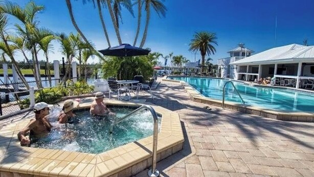 Zona de piscina con hidromasaje, sillas de descanso y palmeras.