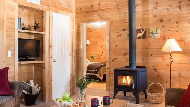 A cozy cabin interior with a wooden interior, a fireplace, a television, and a dining area with food and drinks. - Cozy Two Bedroom Cabin Near Smuggler's Notch (Jeffersonville)